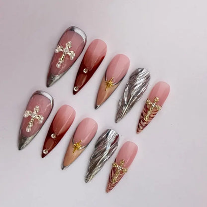 Luxury Burgundy & Silver Chrome Press On Nails |Cross and Star Charms | Long Stiletto Animal Print Nails