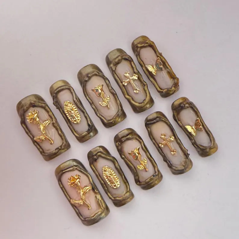 Gothic Gold 3D Coffin Press On Nails | Vintage Cross, Rose & Butterfly Charms