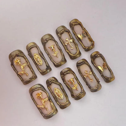 Gothic Gold 3D Coffin Press On Nails | Vintage Cross, Rose & Butterfly Charms