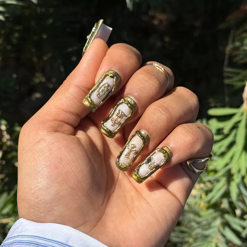 Gothic Gold 3D Coffin Press On Nails | Vintage Cross, Rose & Butterfly Charms