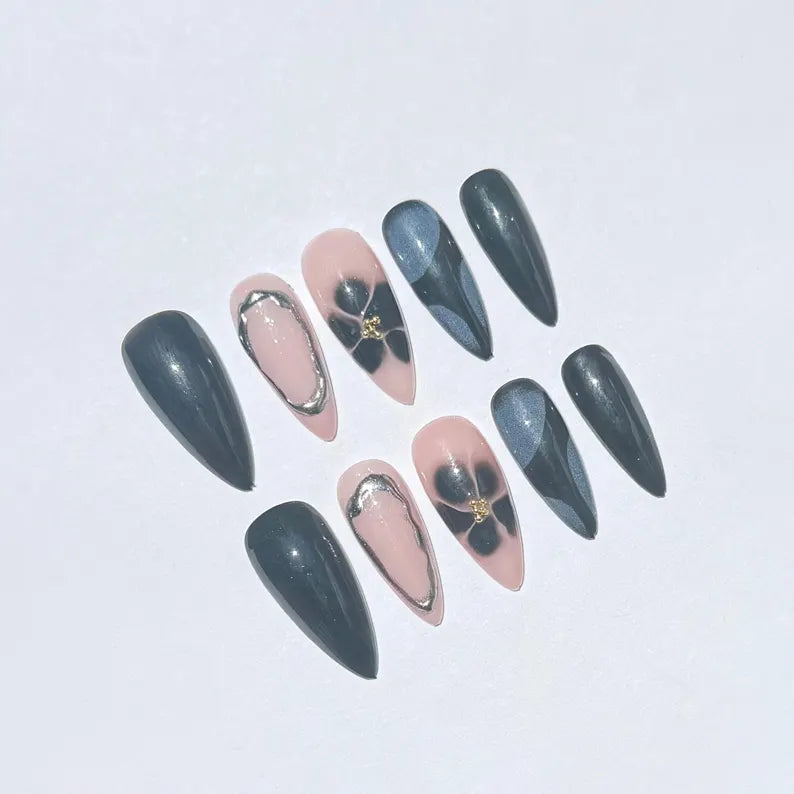 Pink Black Floral Almond Nails |Silver Chrome Outline Design |Classy Press On Nail Set