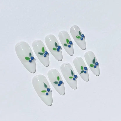 Blueberry Press On Nails | Hand Painted Fruit Nail Art | White Soft Base Cute Summer Fake Nail Set