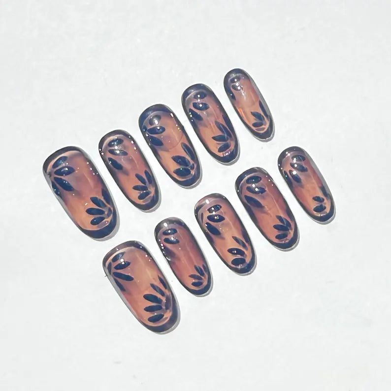 Nude And Black Leaf Press On Nails |Neutral Gradient Short Nails | Minimalist Botanical Fake Nails