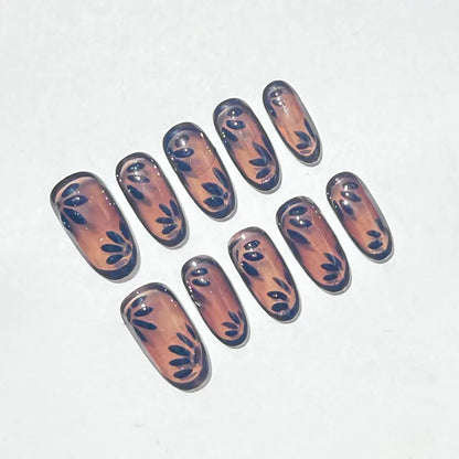 Nude And Black Leaf Press On Nails |Neutral Gradient Short Nails | Minimalist Botanical Fake Nails