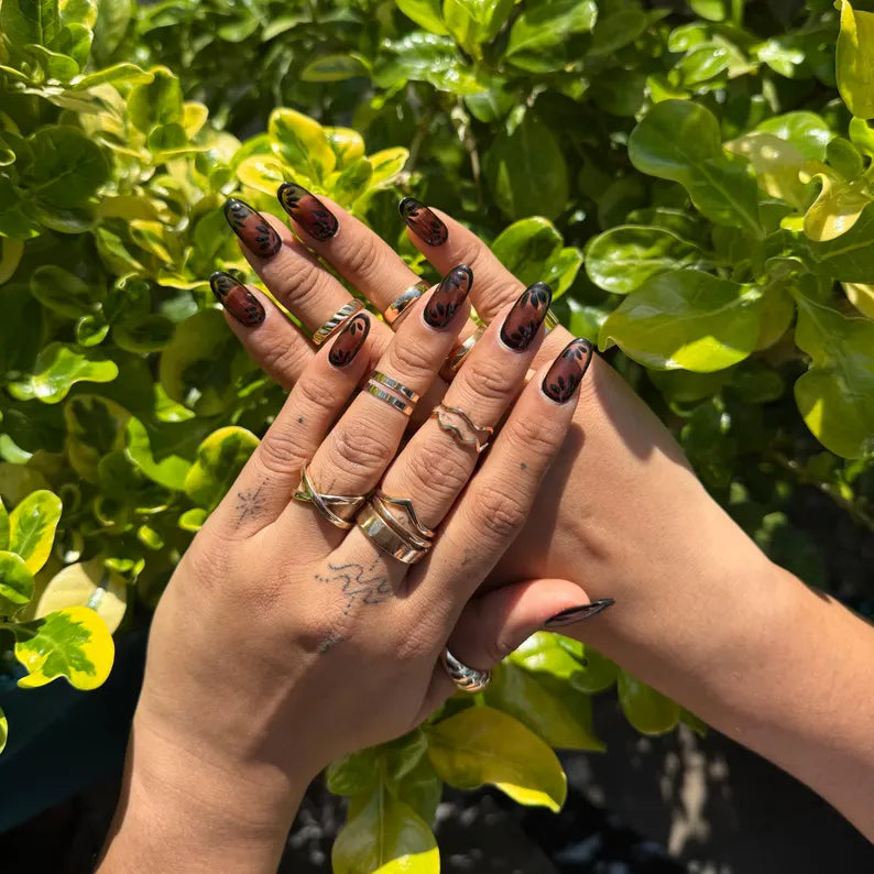 Nude And Black Leaf Press On Nails |Neutral Gradient Short Nails | Minimalist Botanical Fake Nails