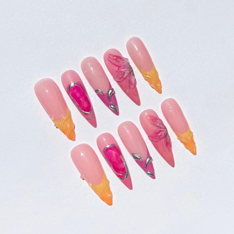 Hot Pink Gradient Long Stiletto  Press On Nails with Orange Flames | Metallic and 3D Floral Nail Art