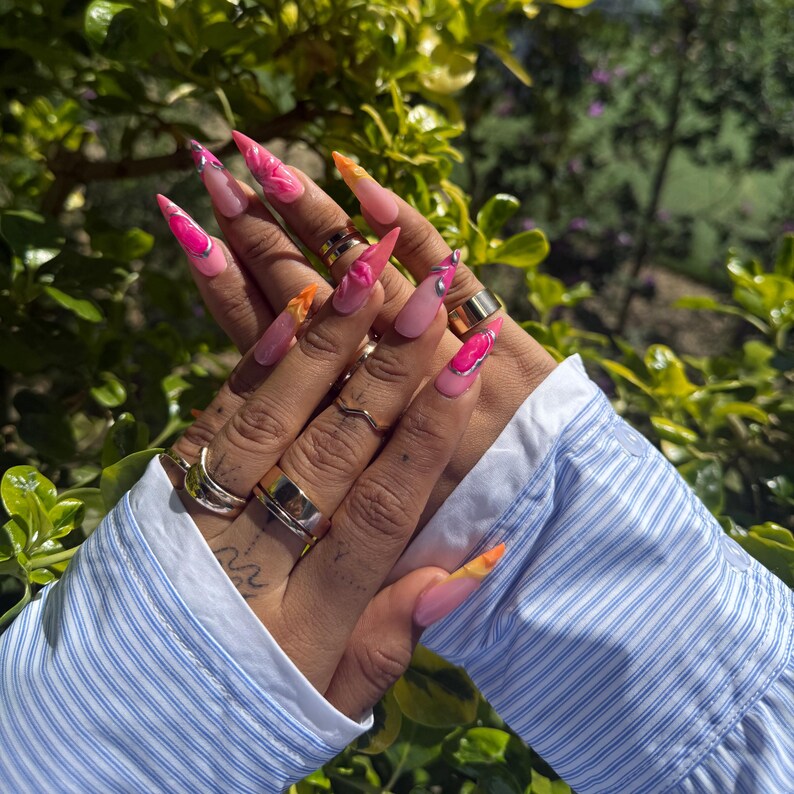 Hot Pink Gradient Long Stiletto  Press On Nails with Orange Flames | Metallic and 3D Floral Nail Art
