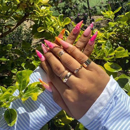 Hot Pink Gradient Long Stiletto  Press On Nails with Orange Flames | Metallic and 3D Floral Nail Art