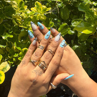 Blue Chrome Star Long Stiletto Press On Nails |Silver Outline 3D Design |Trendy Celestial Nails