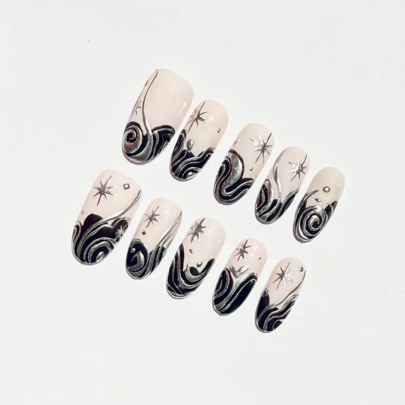 Black Silver Galaxy Swirl Press On Nails | Star Chrome Celestial Nail Art | Cream Base Fake Nails |