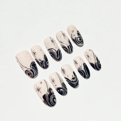 Black Silver Galaxy Swirl Press On Nails | Star Chrome Celestial Nail Art | Cream Base Fake Nails |