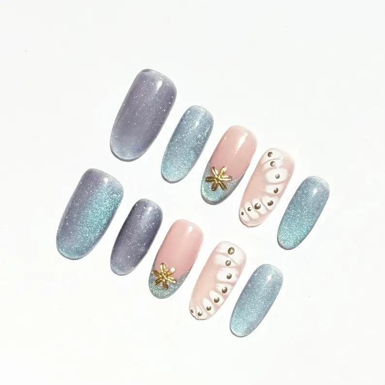 Mermaid Style Ocean Cat Eye Press On Nails | Shimmering Blue & Pink | Starfish And Pearl Details Nails