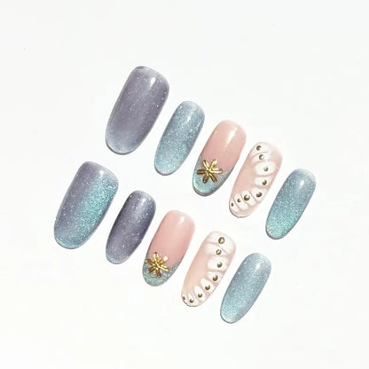 Mermaid Style Ocean Cat Eye Press On Nails | Shimmering Blue & Pink | Starfish And Pearl Details Nails