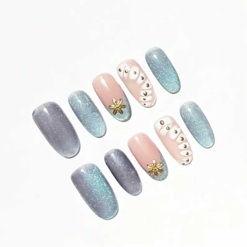 Mermaid Style Ocean Cat Eye Press On Nails | Shimmering Blue & Pink | Starfish And Pearl Details Nails