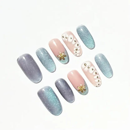 Mermaid Style Ocean Cat Eye Press On Nails | Shimmering Blue & Pink | Starfish And Pearl Details Nails