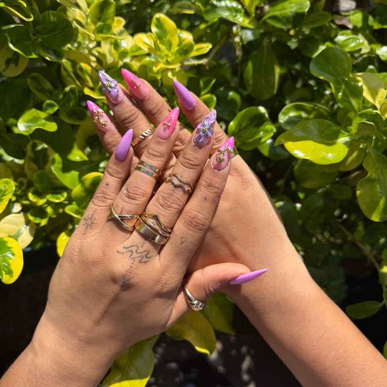Luxury 3D Purple Ombre Floral Press On Nails | Gold Rose & Cross Accents | Long Coffin French Tips