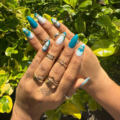 Teal Marble Press On Nails | Handmade Long Almond Gel Nails | Mini Bow, Star & Pearl Flower Charms