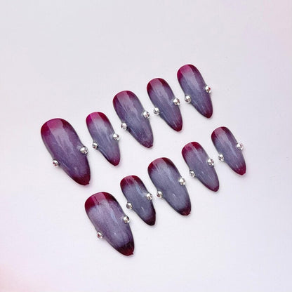 Dark Red to Gray Ombre Coffin Press On Nails |Handmade Gel Nails with Silver Rhinestones