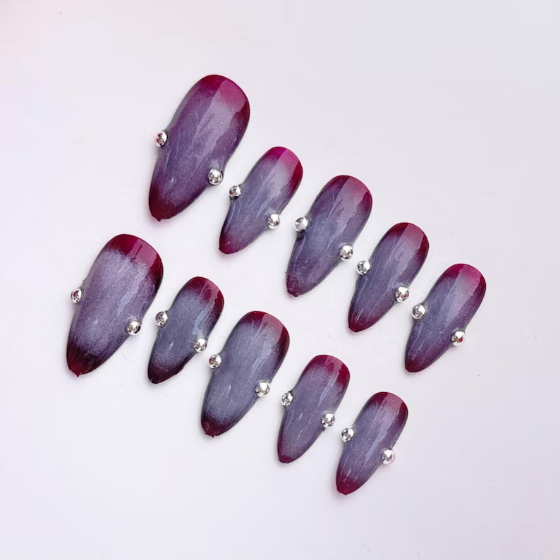 Dark Red to Gray Ombre Coffin Press On Nails |Handmade Gel Nails with Silver Rhinestones