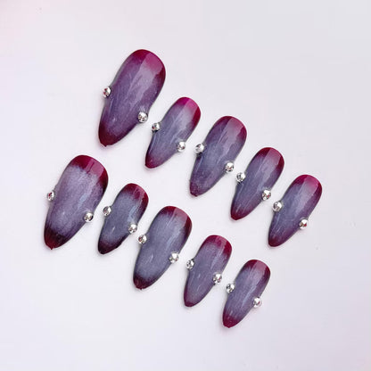 Dark Red to Gray Ombre Coffin Press On Nails |Handmade Gel Nails with Silver Rhinestones