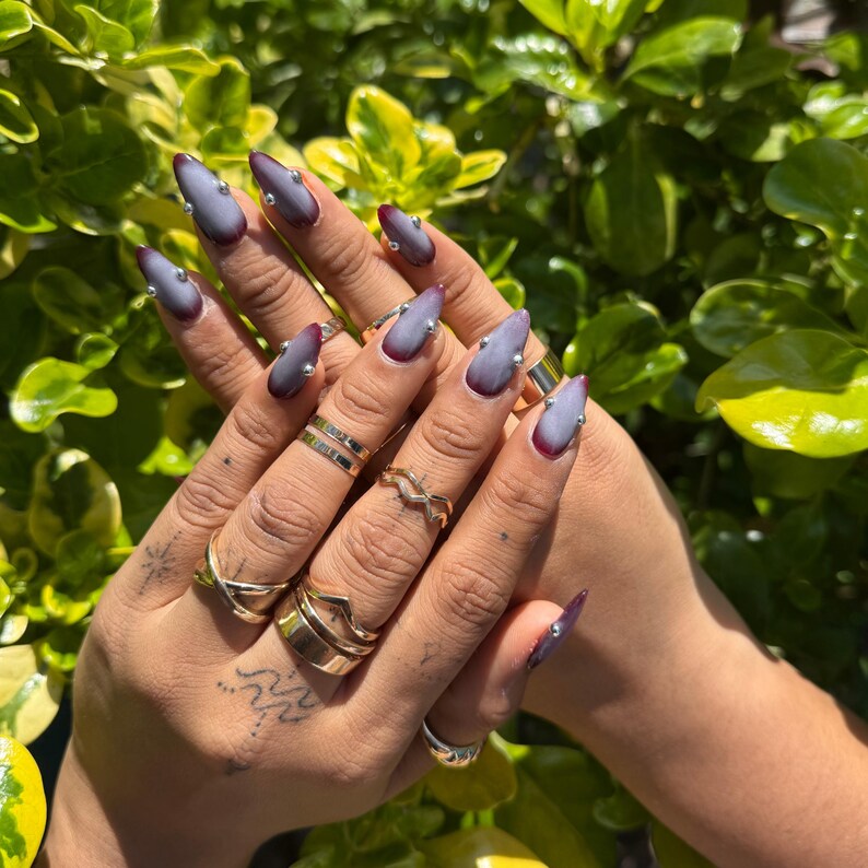 Dark Red to Gray Ombre Coffin Press On Nails |Handmade Gel Nails with Silver Rhinestones
