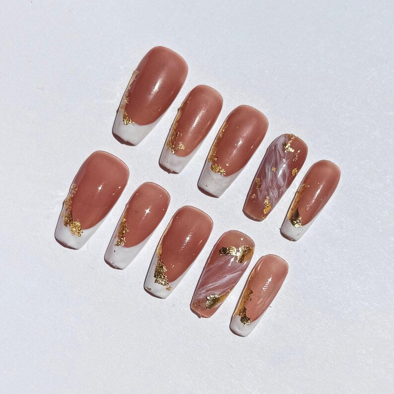 White French Tip Press On Nails | Handmade Nude Base Coffin Gel Nails with Marble & Gold Foil Art