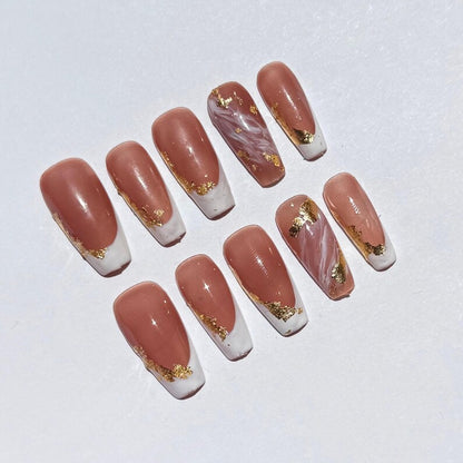 White French Tip Press On Nails | Handmade Nude Base Coffin Gel Nails with Marble & Gold Foil Art