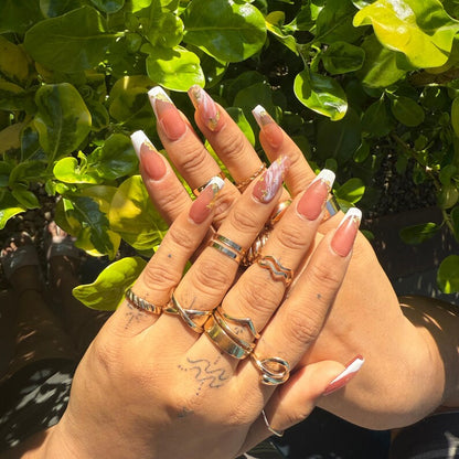 White French Tip Press On Nails | Handmade Nude Base Coffin Gel Nails with Marble & Gold Foil Art