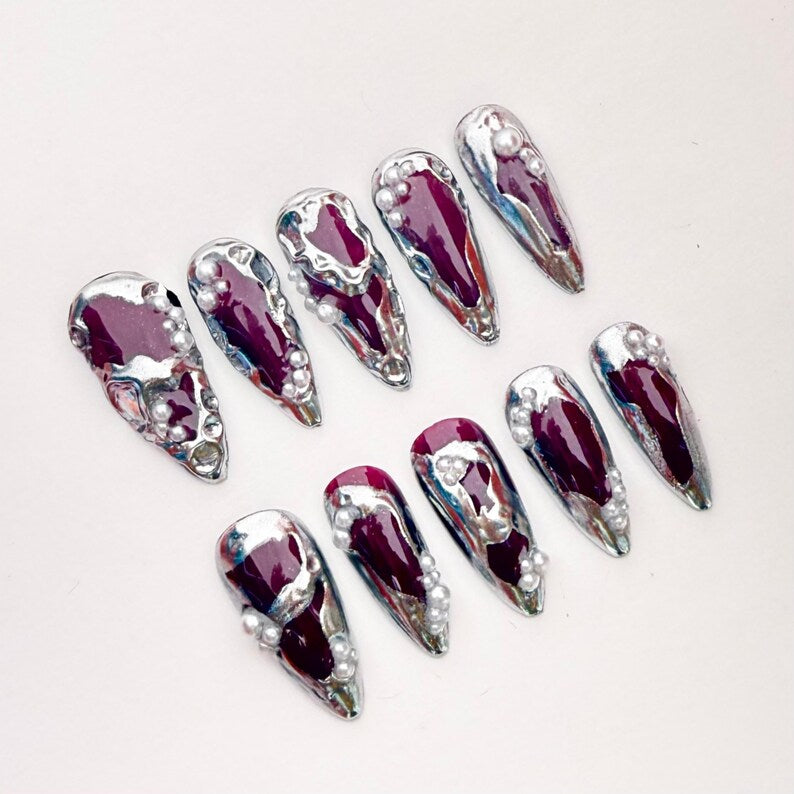 3D Chrome Burgundy Press On Nails | Silver Molten Metal Design with Pearls | Luxury Long Stiletto Nails