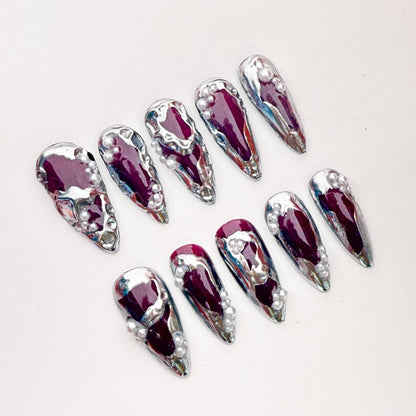 3D Chrome Burgundy Press On Nails | Silver Molten Metal Design with Pearls | Luxury Long Stiletto Nails
