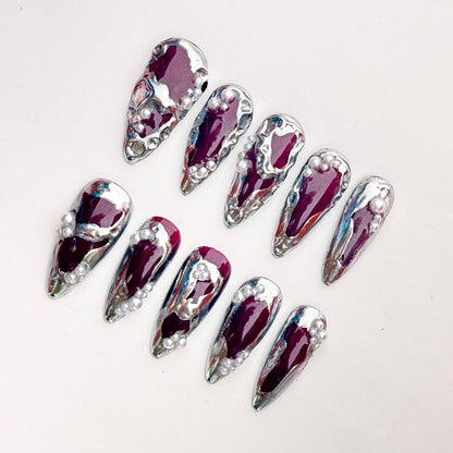3D Chrome Burgundy Press On Nails | Silver Molten Metal Design with Pearls | Luxury Long Stiletto Nails