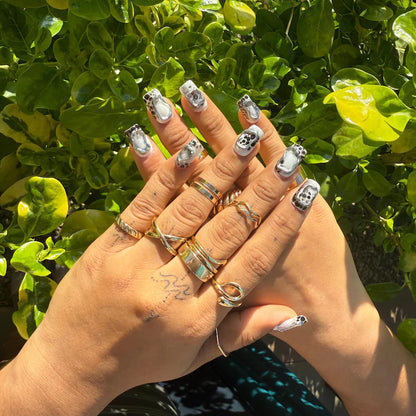 Silver Chrome Cute Cow Print Abstract Press On Nails | Metallic 3D Gel Nails | Black & White Animal Print Nail Set