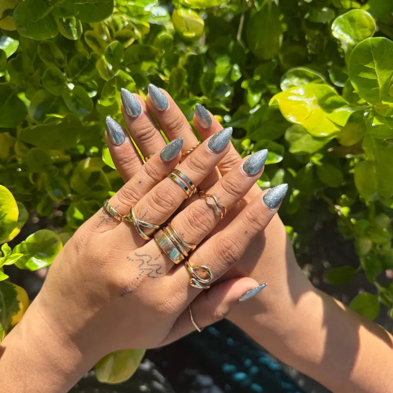 Silver Chrome Almond Press On Nails | Metallic Mirror Nail Set | Handmade Reusable False Nails