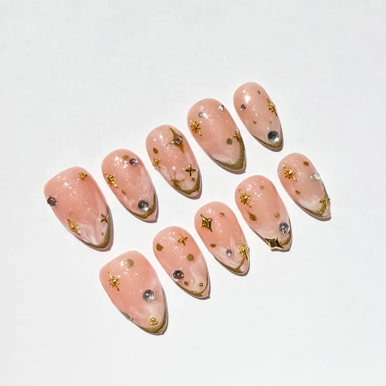 Romantic Pink and Golden Line Press-On Nails | Marble Art with Star Charms & Rhinestones