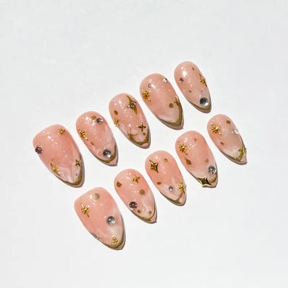 Romantic Pink and Golden Line Press-On Nails | Marble Art with Star Charms & Rhinestones