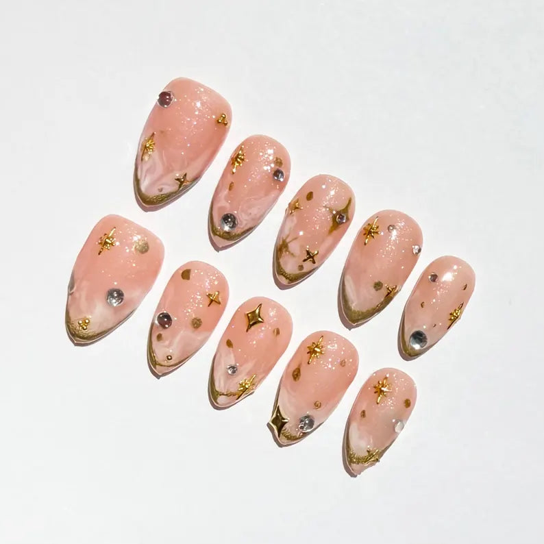 Romantic Pink and Golden Line Press-On Nails | Marble Art with Star Charms & Rhinestones