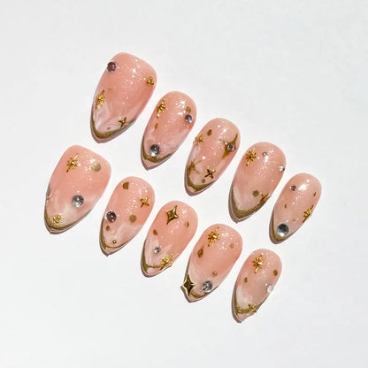 Romantic Pink and Golden Line Press-On Nails | Marble Art with Star Charms & Rhinestones