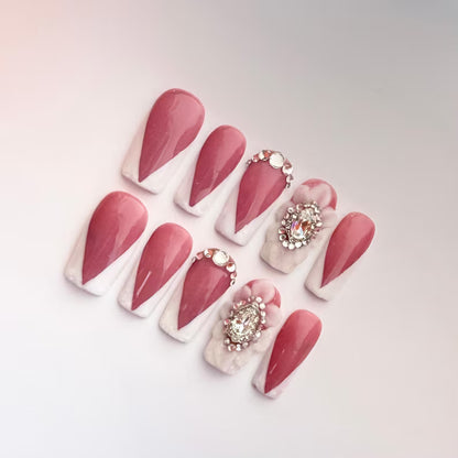Square French Tip Press On Nails | White Tips with Rhinestones, Diamonds & Acrylic Flower