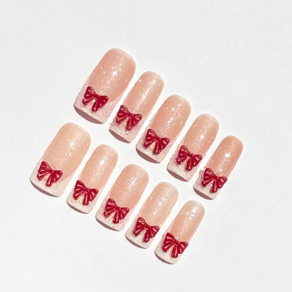 Soft Pink Glitter Press On Nails with 3D Red Bows |Cute Girly Nail Set |Valentine’s Day Nails
