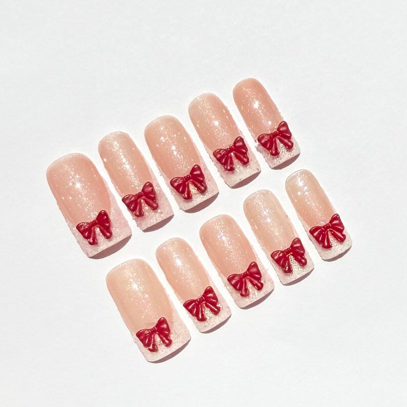 Soft Pink Glitter Press On Nails with 3D Red Bows |Cute Girly Nail Set |Valentine’s Day Nails