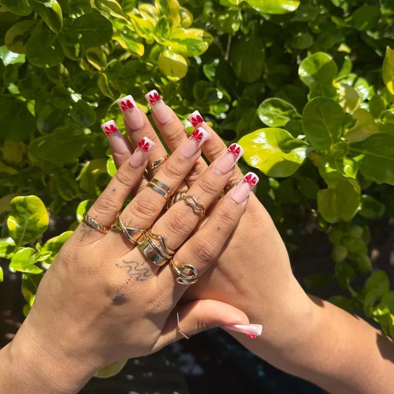 Soft Pink Glitter Press On Nails with 3D Red Bows |Cute Girly Nail Set |Valentine’s Day Nails