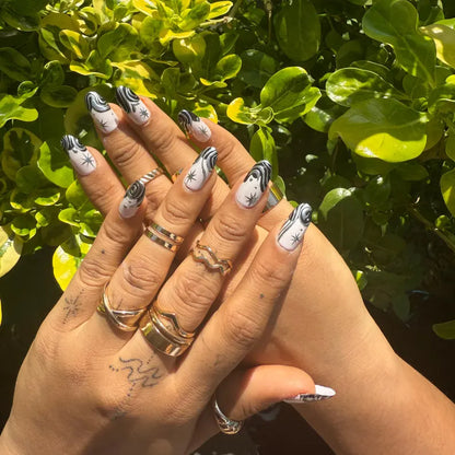 Black Silver Galaxy Swirl Press On Nails | Star Chrome Celestial Nail Art | Cream Base Fake Nails |