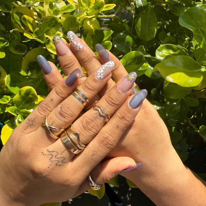 Mermaid Style Ocean Cat Eye Press On Nails | Shimmering Blue & Pink | Starfish And Pearl Details Nails