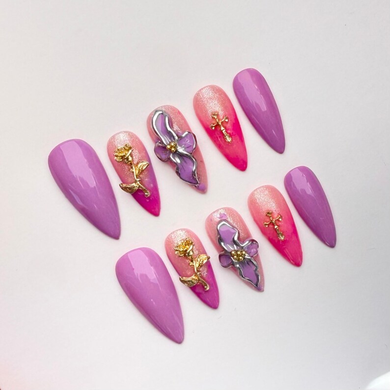 Luxury 3D Purple Ombre Floral Press On Nails | Gold Rose & Cross Accents | Long Coffin French Tips