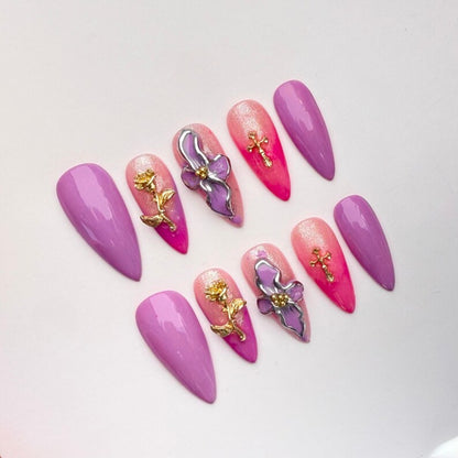 Luxury 3D Purple Ombre Floral Press On Nails | Gold Rose & Cross Accents | Long Coffin French Tips