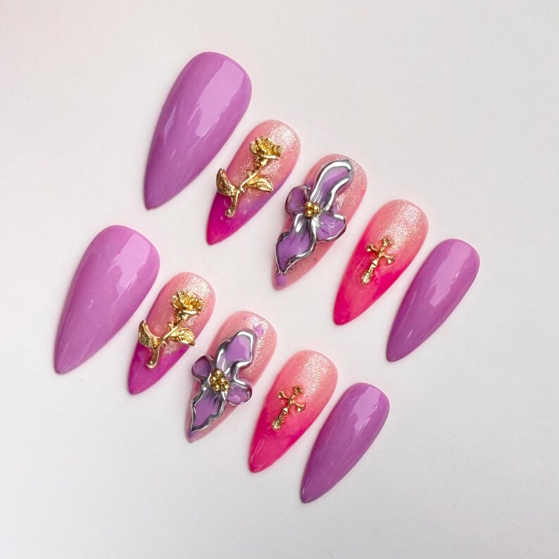 Luxury 3D Purple Ombre Floral Press On Nails | Gold Rose & Cross Accents | Long Coffin French Tips