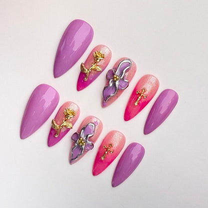 Luxury 3D Purple Ombre Floral Press On Nails | Gold Rose & Cross Accents | Long Coffin French Tips