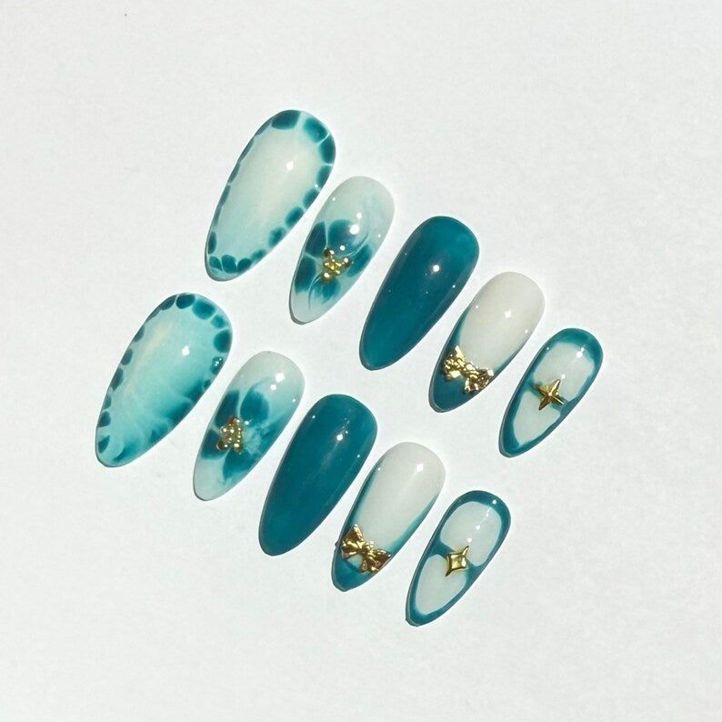 Teal Marble Press On Nails | Handmade Long Almond Gel Nails | Mini Bow, Star & Pearl Flower Charms