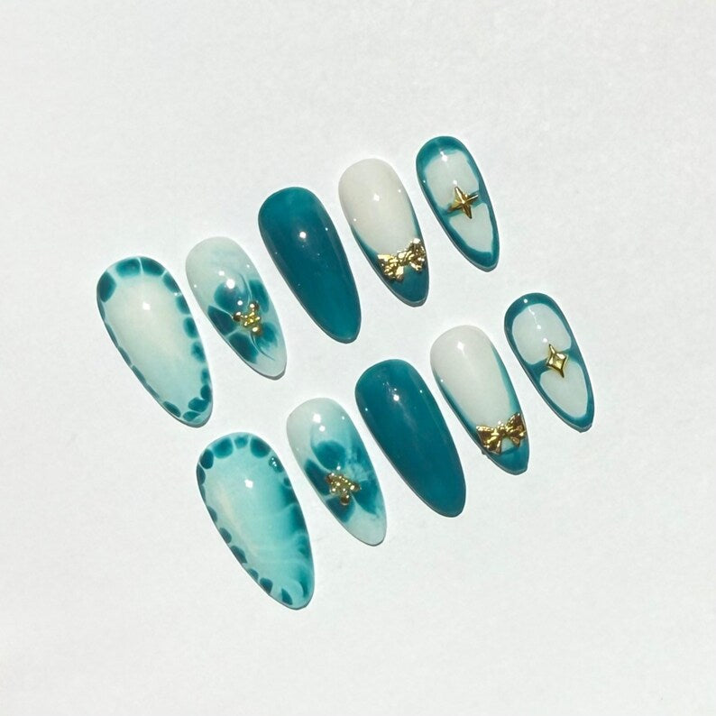 Teal Marble Press On Nails | Handmade Long Almond Gel Nails | Mini Bow, Star & Pearl Flower Charms