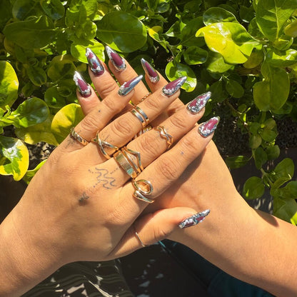 3D Chrome Burgundy Press On Nails | Silver Molten Metal Design with Pearls | Luxury Long Stiletto Nails